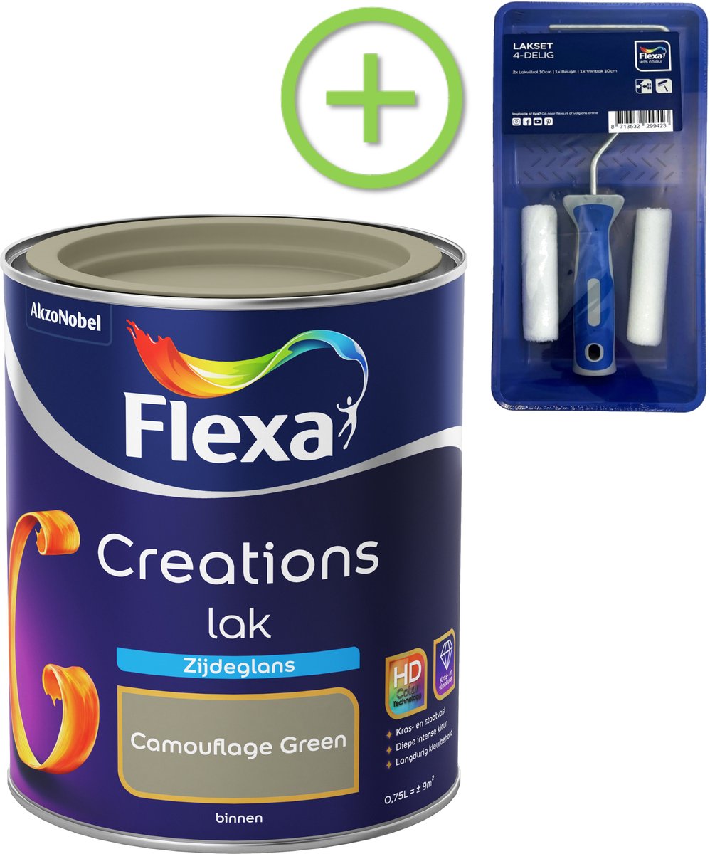 Flexa - Creations Lak Zijdeglans - Camouflage Green - 750 Ml + Gratis Flexa Lakset 4-Delig