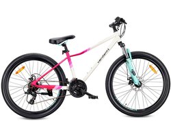 VERDANT CALIX Mountainbike 26", MTB-fiets voor dames en heren, fiets 6 inch - vering, schijfremmen, 21 versnellingen - Wit-Roze-Mintgroen