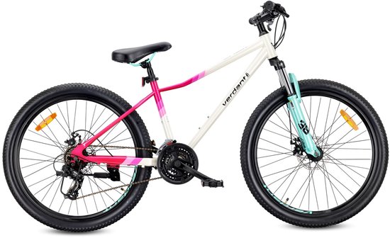 Wit damesmountainbike met roze en mintgroene accenten, 26-inch wielen.