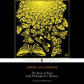 Boekomslag van "The Book of Sand and Shakespeare's Memory" van Jorge Luis Borges met een zwarte achtergrond en een gele vlinderprint.