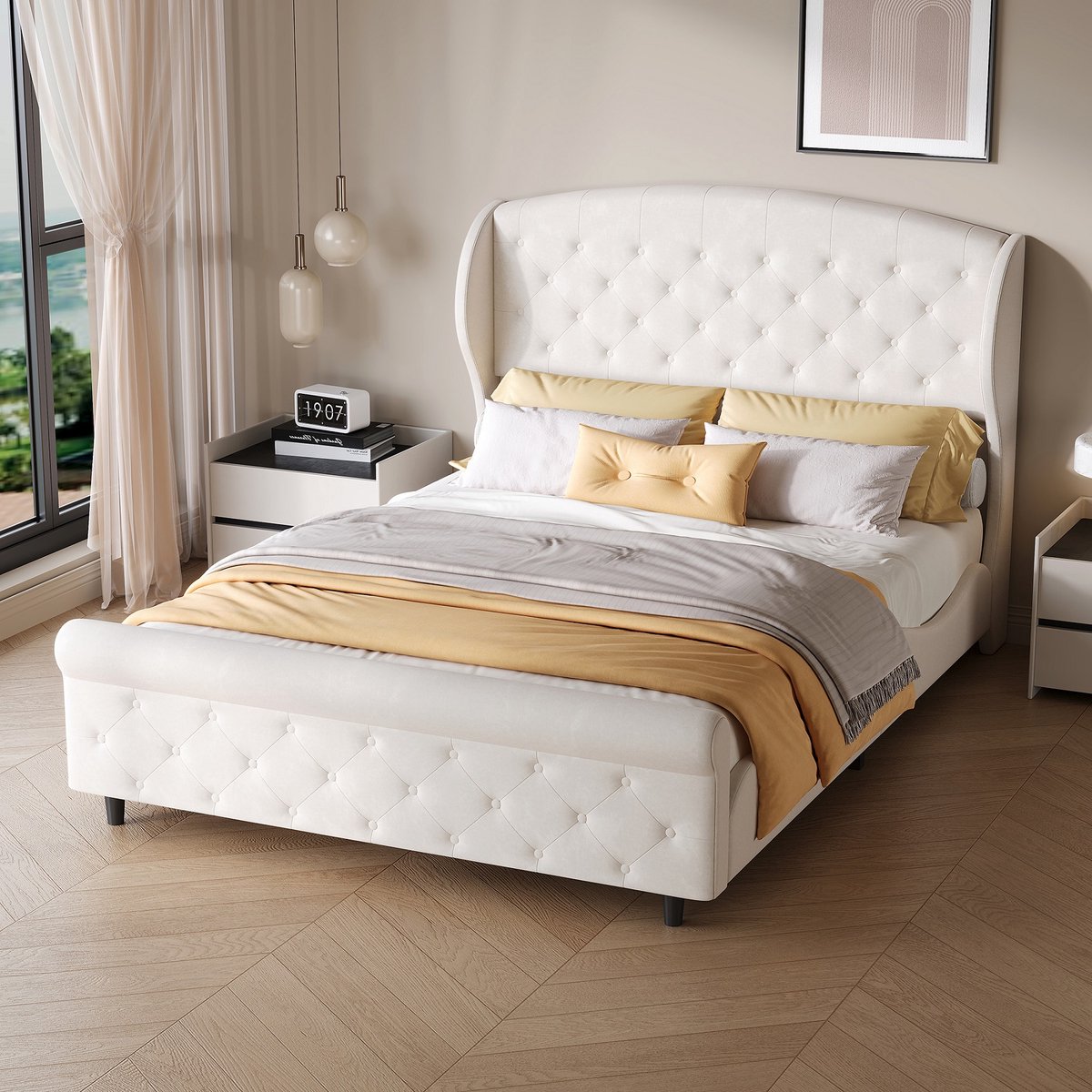 ROSAHQNDA Gestoffeerd bed 140x200cm, modern bedframe met opbergruimte en lattenbodem, continentaal bed, tweepersoonsbed voor volwassenen, kinderbed, wit fluweel, zonder matras