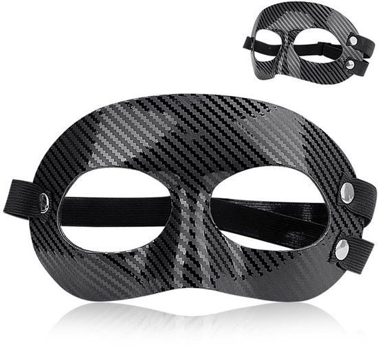 Zwart carbon fiber oogmasker met elastische band, op witte achtergrond.