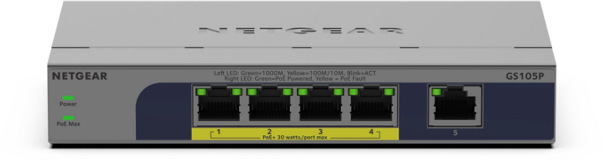 NETGEAR GS105P - Netwerk Switch - Unmanaged - 1 Gpbs - 5 poorten
