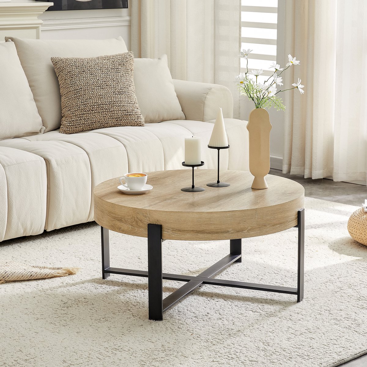 Wishdor - Ronde Salontafel - Kruisvormig Metalen Onderstel - Industriële Stijl - MDF En Metaal - Zwart/Houtkleur - Diameter 68 Cm