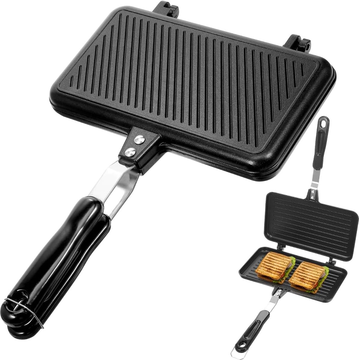 Sandwichmaker - Tosti IJzer - Kamperen Ontbijt - Dubbelzijdig Antiaanbak - 355 x 24 cm - Zwart