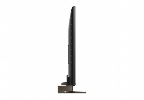 Zijaanzicht van een slanke Philips Ambilight TV met standaard.
