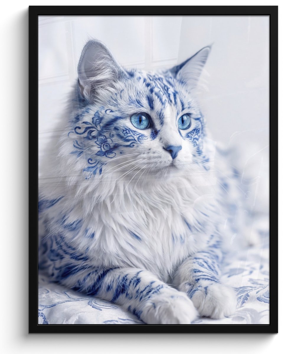 FrameYourWall Poster in lijst - Fotolijst 60x80 cm - Posters - Kat - Patroon - Blauw - Posterlijst zwart - Decoratie - Wanddecoratie woonkamer - Muurdecoratie slaapkamer