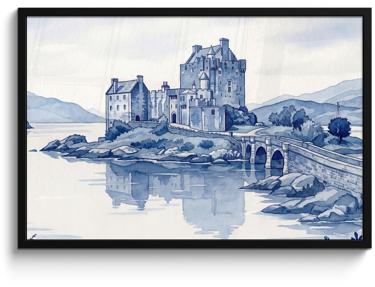FrameYourWall Poster in lijst - Fotolijst 90x60 cm - Posters - Schots - Kasteel - Blauw - Aquarel - Posterlijst zwart - Decoratie - Wanddecoratie woonkamer - Muurdecoratie slaapkamer