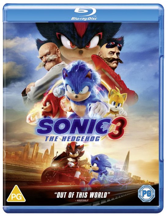 Sonic, Knuckles, Tails en Shadow, met Dr. Robotnik en zijn handlangers, op de voorkant van de Blu-ray van Sonic the Hedgehog 3.