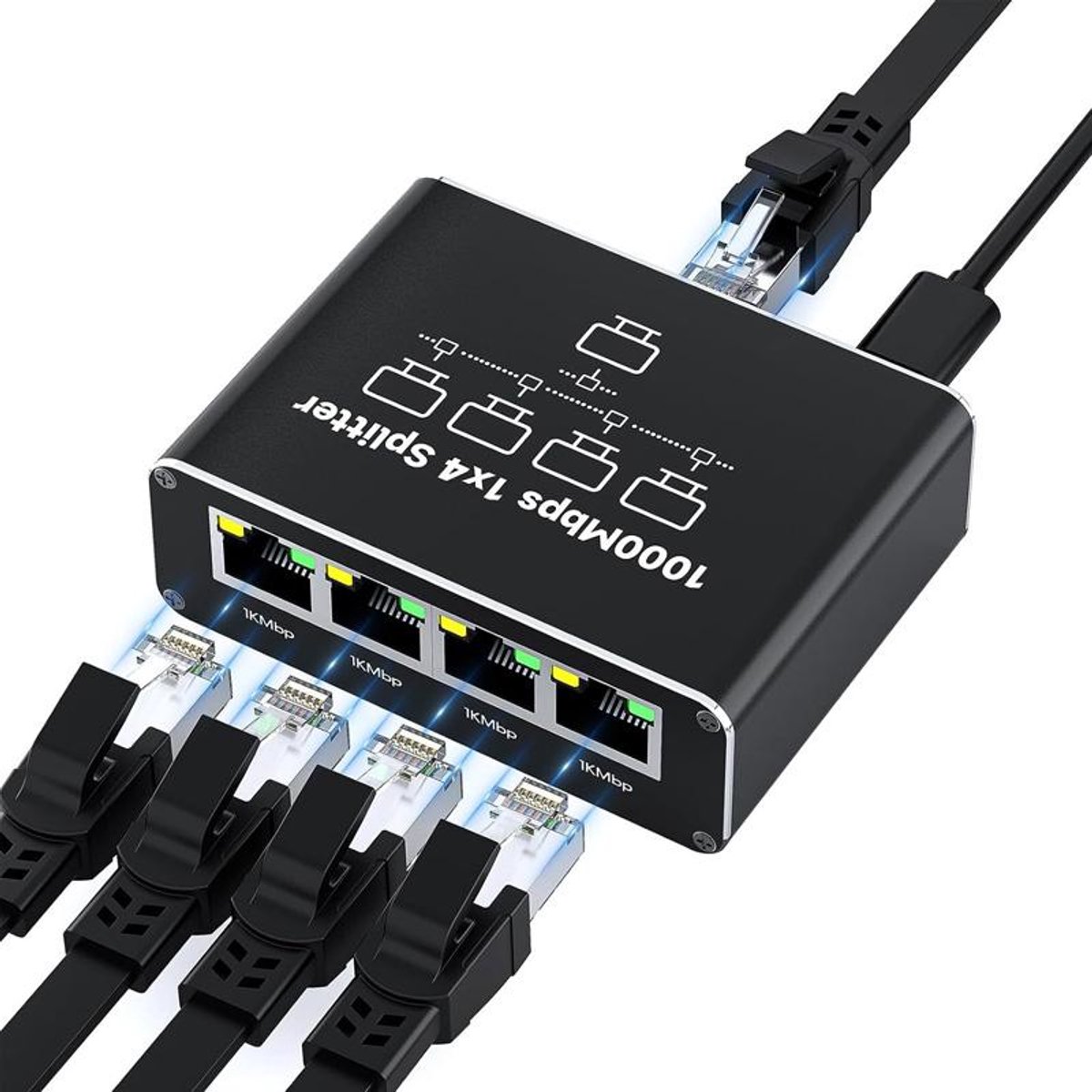 RJ45 Netwerk Splitter 1 naar 4 - ethernet - Gigabit 1000Mbps - Plug and Play - voor Router en Switch - zwart