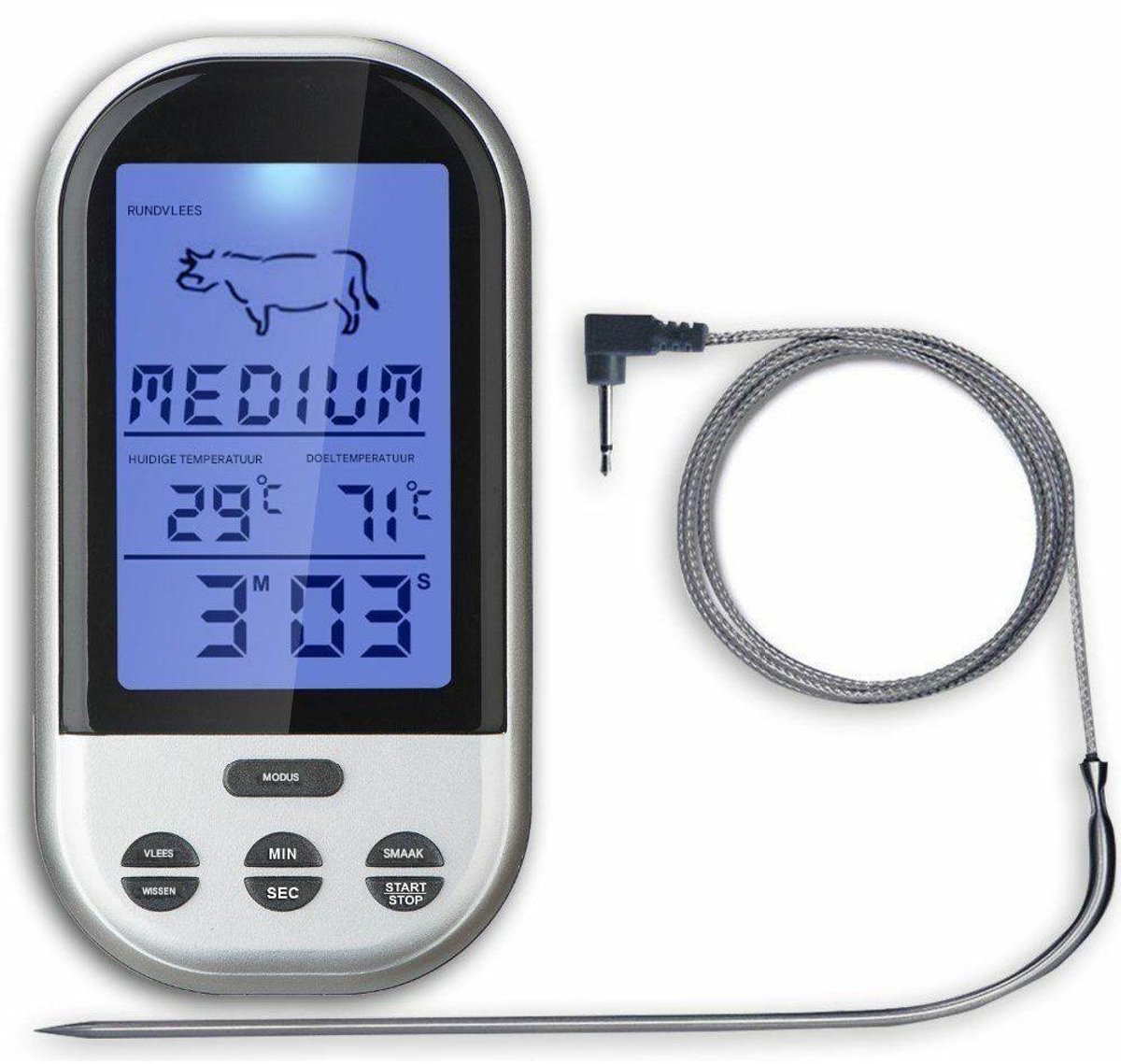 Oventhermometer - Vleestemperatuurmeter - Draadloos met Externe Display - 1 Stuk - Wit