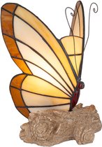 Tiffany tafellamp Vlinder - Crème-amber - H 24 cm - Glas in lood - Decoratieve figuurlamp - Warm licht | RORUVERA