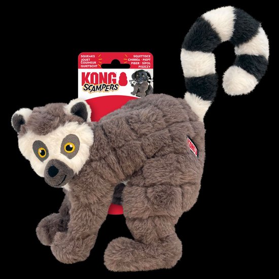 Grijze lemur knuffel met gele ogen, zwart-wit gestreepte staart, en verpakking met tekst 'Kong Scampers'.