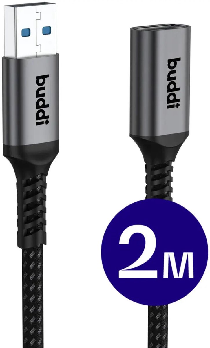 Buddi Flex | USB-A naar USB-A Verlengkabel | USB 3.0 | Female naar Male | Geschikt voor printers, telefoon, USB-sticks, harde schijven en meer | USB Verlengsnoer | Gevlochten Nylon | 2M | Zwart