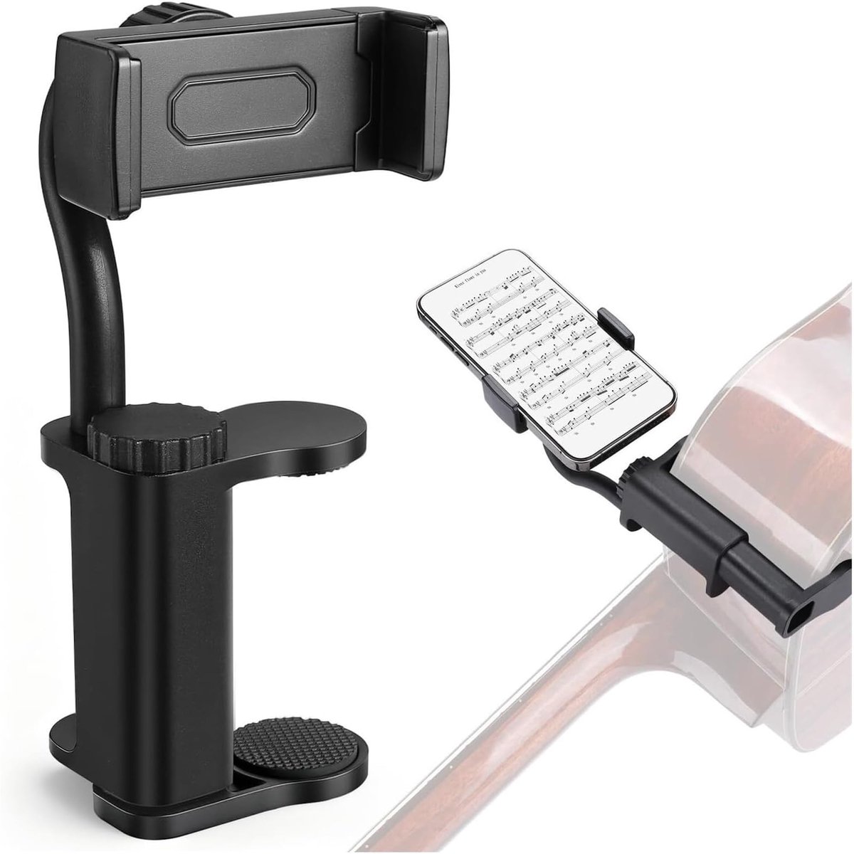 Gitaartelefoonhouder, 360° draaibare gitaartelefoonhouder met verstelbare telefoonklem, geschikt voor gitaren/ukeleles met een dikte van 6-10,5 cm.