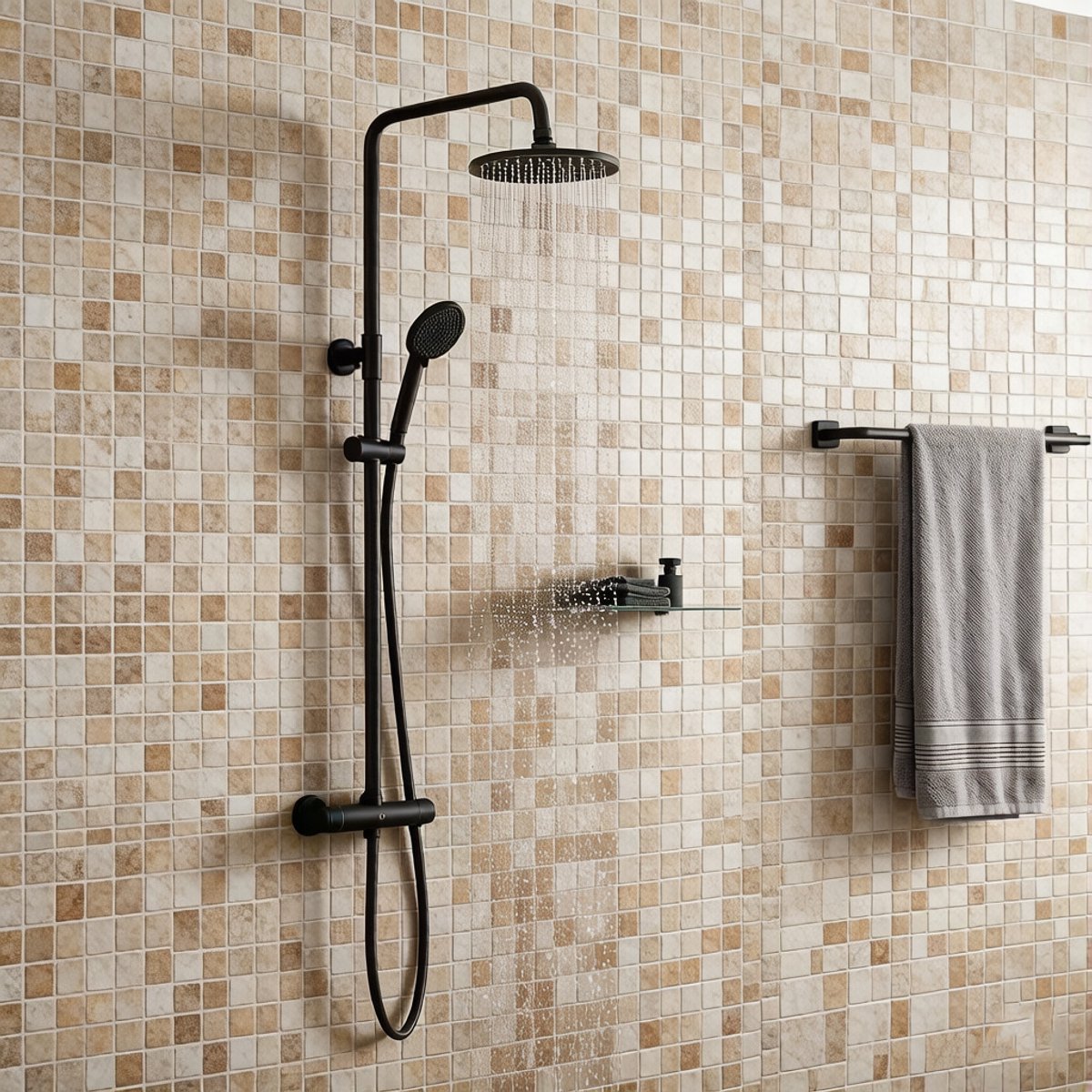 Cecipa Max Regendouche Met Thermostaatkraan - Doucheset Zwart - Thermostaat 38°C - 4-standen Handdouche - Verstelbare Hoogte 83-113 cm - Mat Zwart