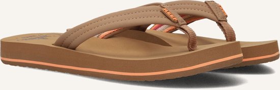 Cognacbruine Reef slippers met gekleurde strepen in de bandjes en oranje accenten.
