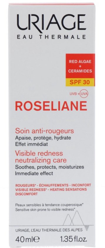 Uriage Roseliane crème SPF 30. Gevoelige huid met neiging tot roodheid. 40ml 1.35 fl.oz.