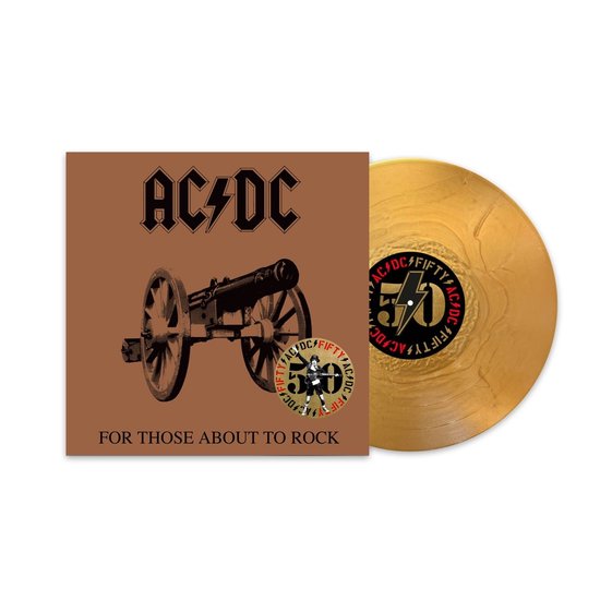 AC/DC 'For Those About to Rock' jubileumeditie op goudkleurig vinyl met kanonafbeelding.