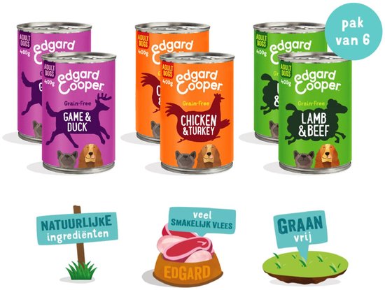 Pakket van 6 Edgard & Cooper blikken met verschillende smaken: Game & Duck, Chicken & Turkey, Lamb & Beef.