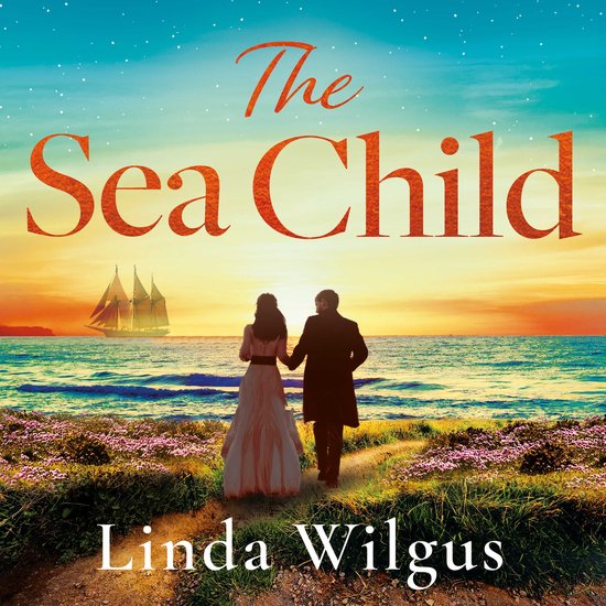 Een man en vrouw in klederdracht lopen hand in hand over een bloemenpad naar de zee bij zonsondergang. Zeilboot op de achtergrond. Titel: The Sea Child.