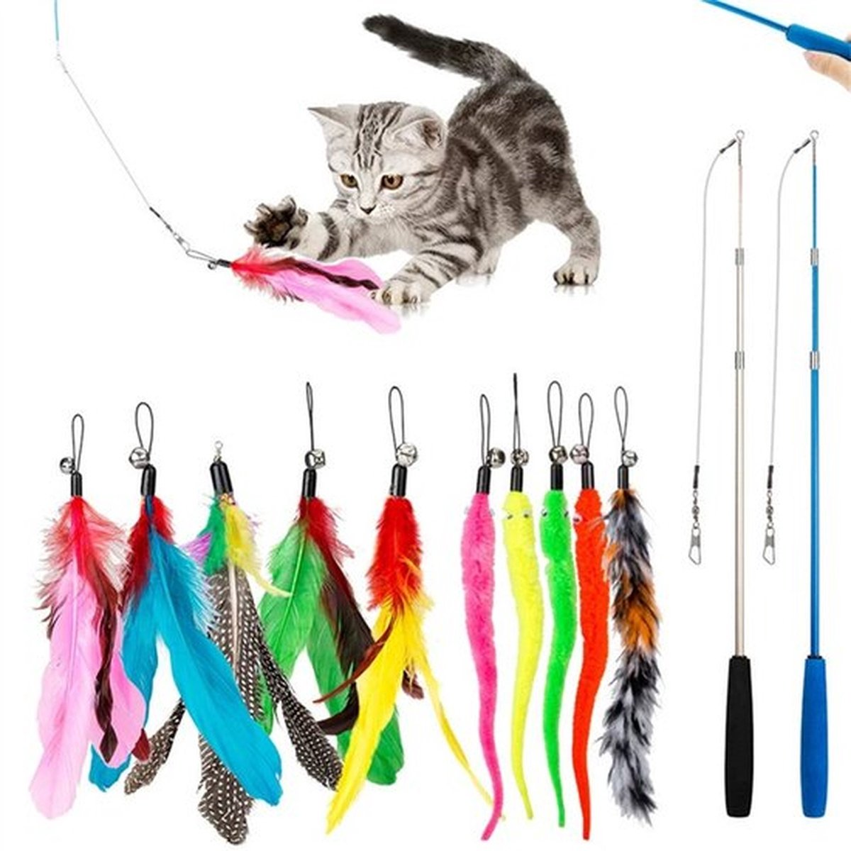 12 stuks interactieve kattenspeeltjes, intrekbare hengel en vervangende plaaggeest met bel, kattenveer-speeltje voor binnenkatten om te achtervolgen en te bewegen