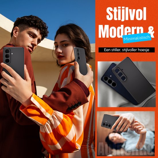 Stijlvol, modern, minimalistisch, zwart Samsung A57 hoesje. Getoond op een man en vrouw, en close-up detailopnamen.