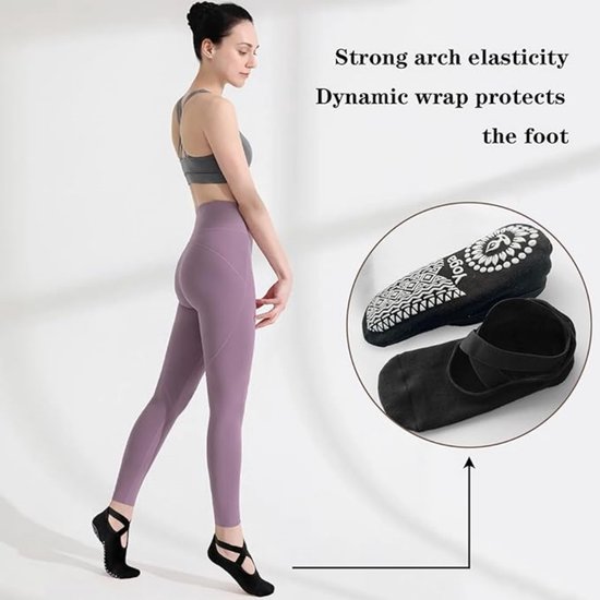 Antislipsokken - Set van 3 paar - Yoga- & Pilates-sokken - Voor dames & meisjes - Gripsokken - Vloersokken - Met antislipnoppen & bandjes - One size fits all - Ademend - Ideaal voor fitness & ballet. van Merkloos — afbeelding 2
