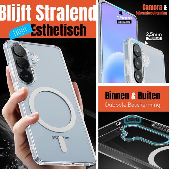 Transparant hoesje met MagSafe ring, getoond met een gedetailleerde close-up van de randen.