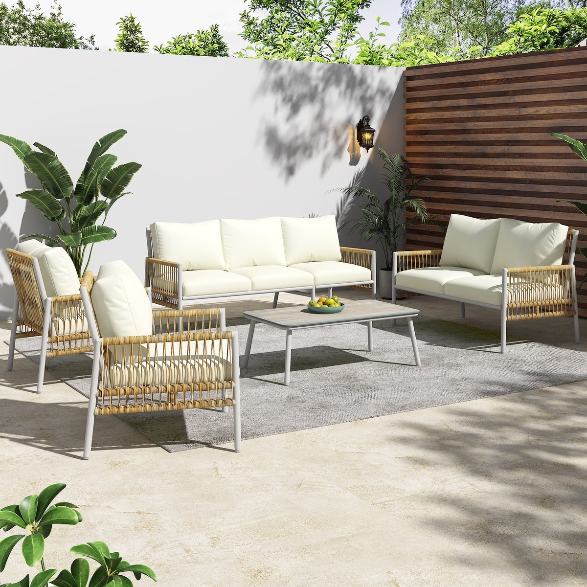 Tuinmeubelset: 7-delig – 7 stoelen – 1 salontafel – PE-rattan – gegalvaniseerde stalen buizen – gehard glas (met houtnerfprint) – afneembare en wasbare kussens – beige