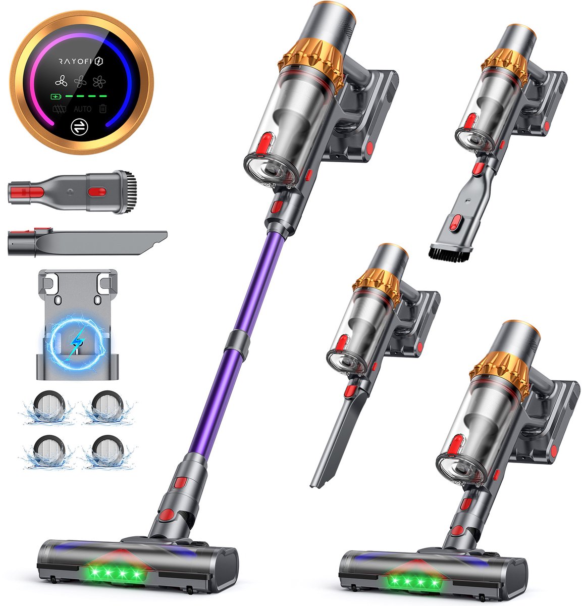 RAYOFI Steelstofzuiger - accu stofzuiger - Steelstofzuiger Draadloos 70000PA - LED-Display - draadloze stofzuiger - 3 Standen Zuigkracht -Steelstofzuigers - Anti-klit vloerborstel - 20-60 Min Werktijd - 1,8L - Goud