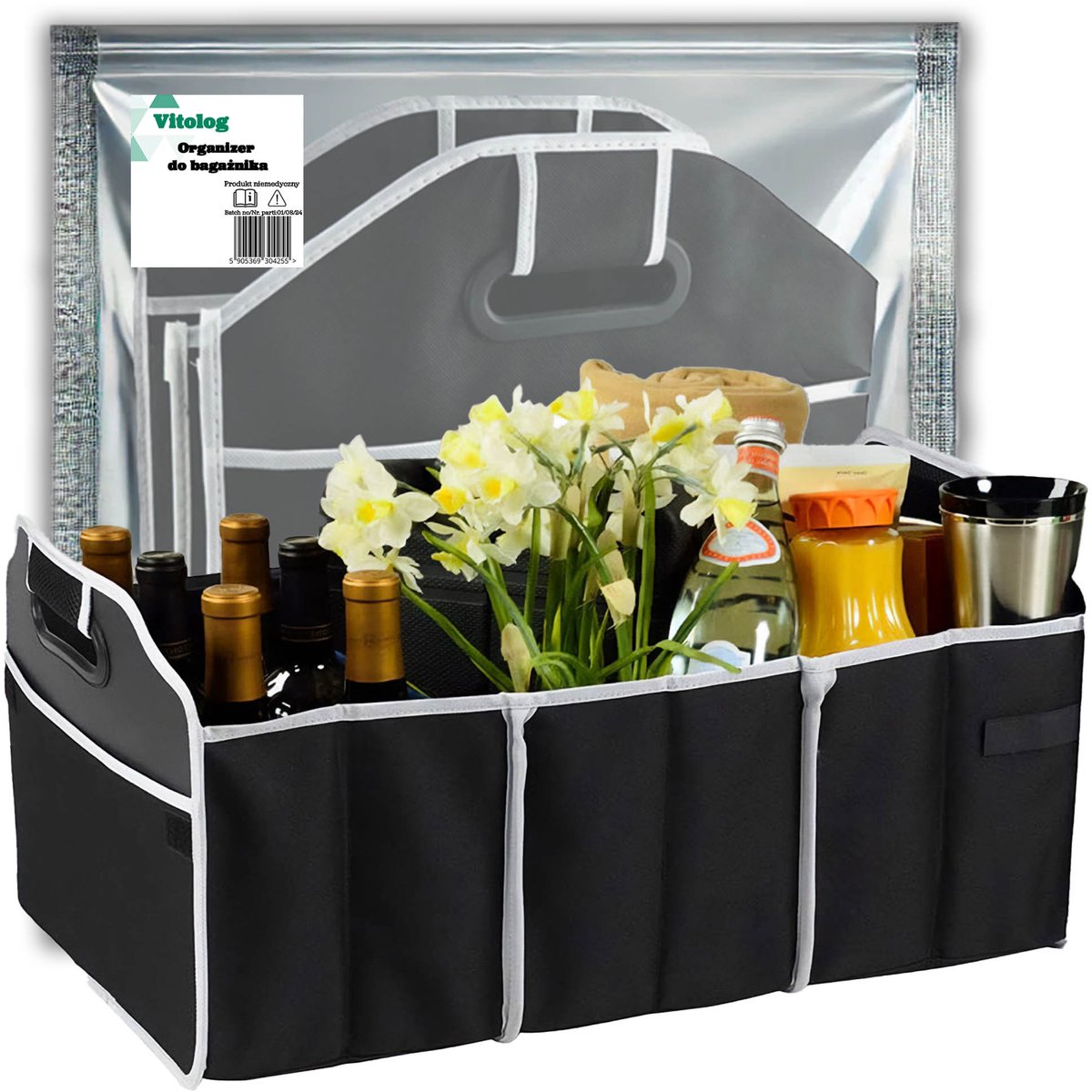 Vitolog - Auto Organizer - 3 Compartimenten - Opvouwbaar - Zwart Met Wit Stiksel