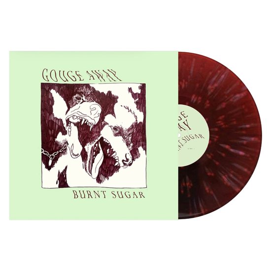 Pochette de vinyle avec dessin de deux chiens, titre 'BURNT SUGAR'. Vinyle rouge tacheté.