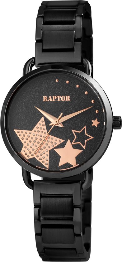Zwart Raptor horloge met rosegoudkleurige wijzers en sterren met zirkonia op de wijzerplaat.