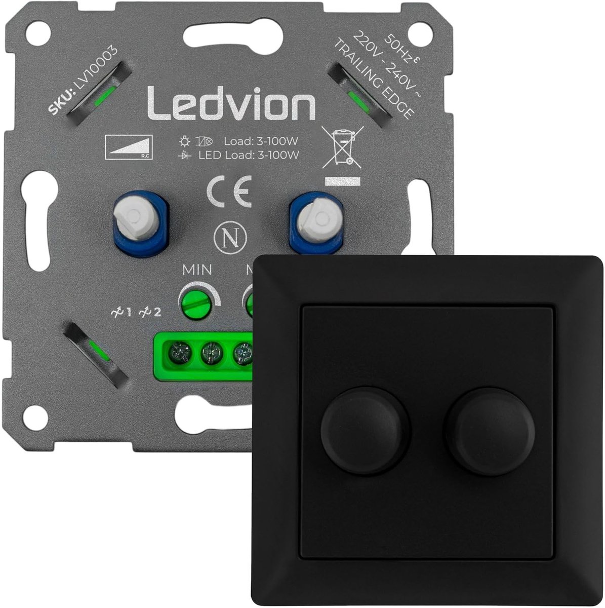 Universele Duo LED Dimmer 3-100 Watt voor Aanbouw, Zwarte Afdekking