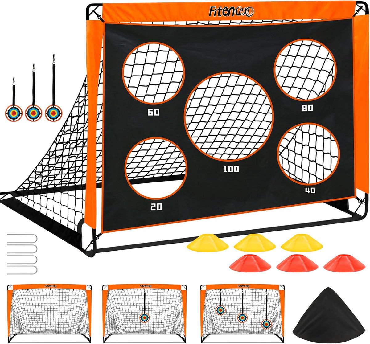 Voetbaldoelset voor kinderen met 5 schietgaten en 3 doelschijven, inklapbaar 120 x 90 cm + 6 trainingshaakjes inclusief draagtas en grondankers