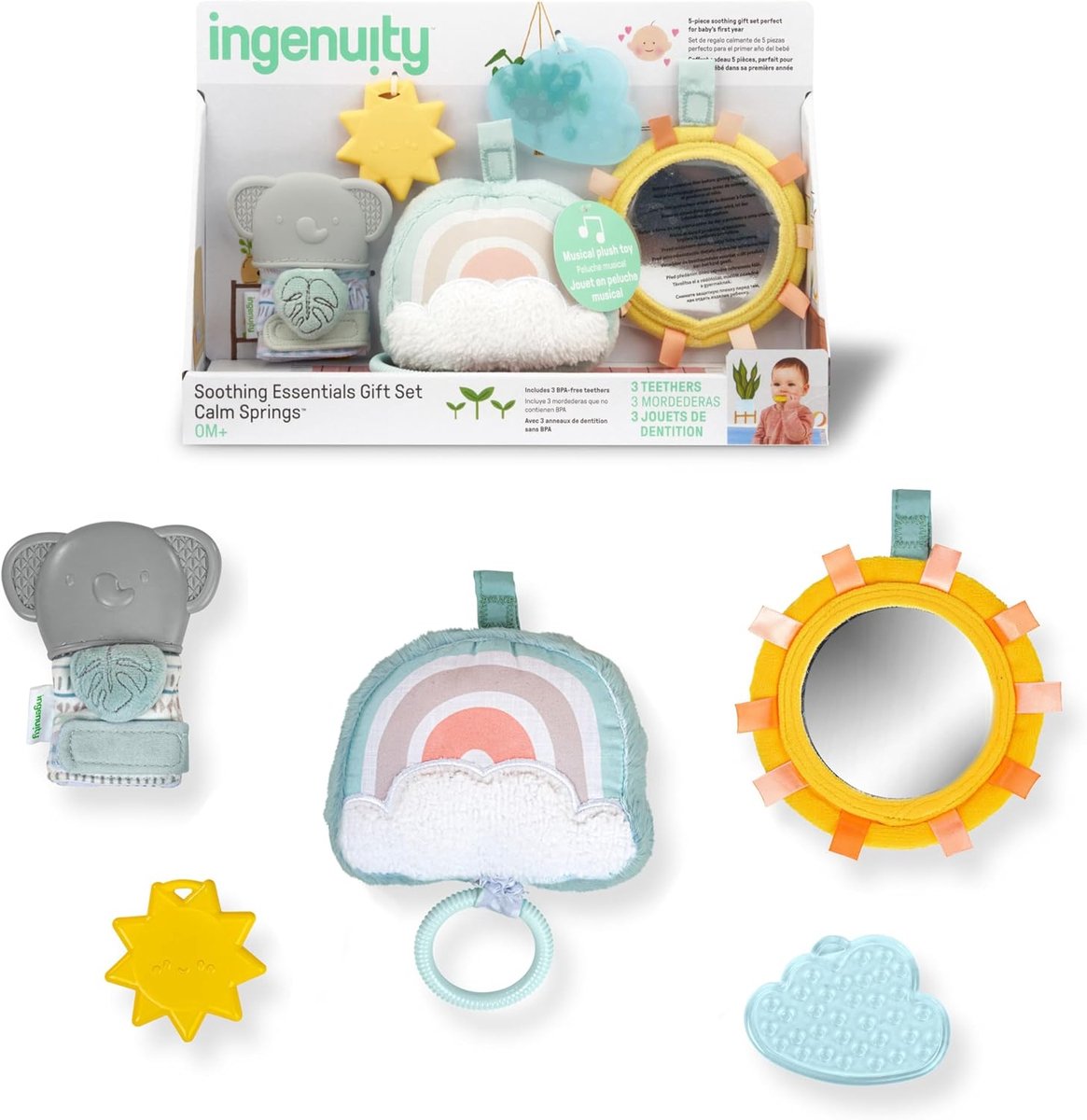 Baby Cadeauset met Muziekknuffel, Rammelaar, Bijtring en Spiegel - Kraamcadeau