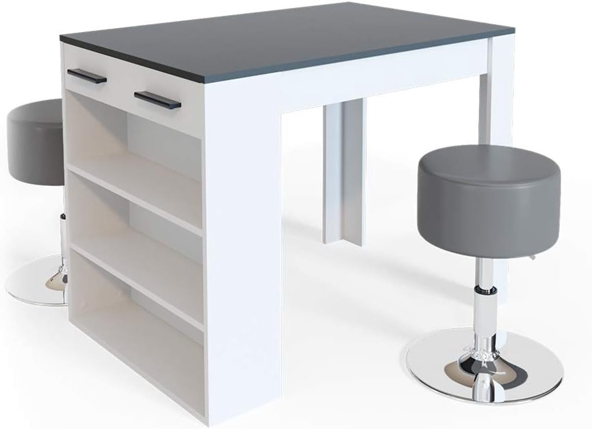 Moderne Bartafel Set met Opbergrek en 2 In Hoogte Verstelbare Krukken (Wit/Antraciet)