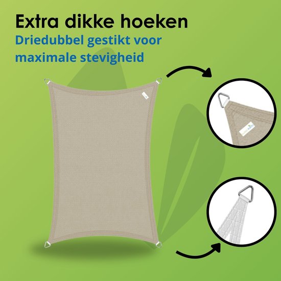 Taupe schaduwdoek met extra dikke, driedubbel gestikte hoeken voor stevigheid.
