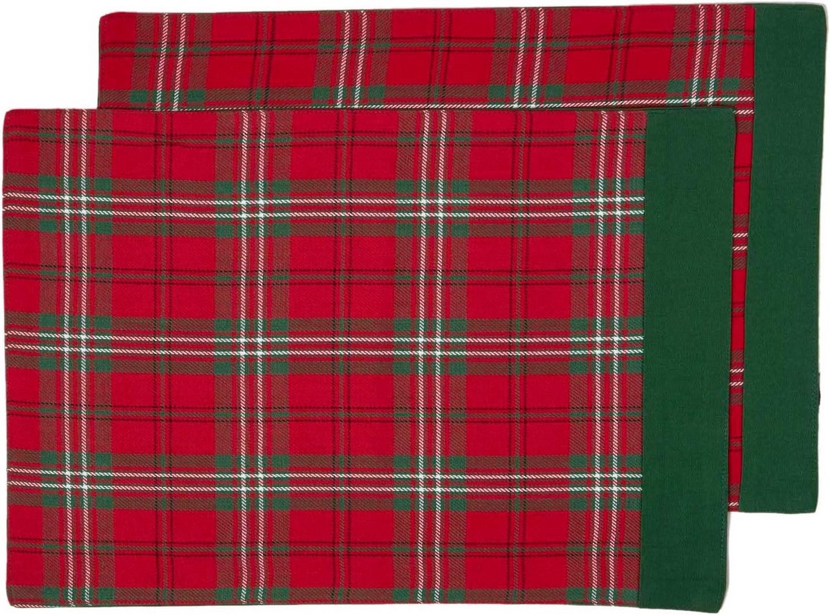 Set van 2 Kerst Placemats Katoen - Tartan Check Rood Groen Wit - Wasbaar Tafelaccessoire