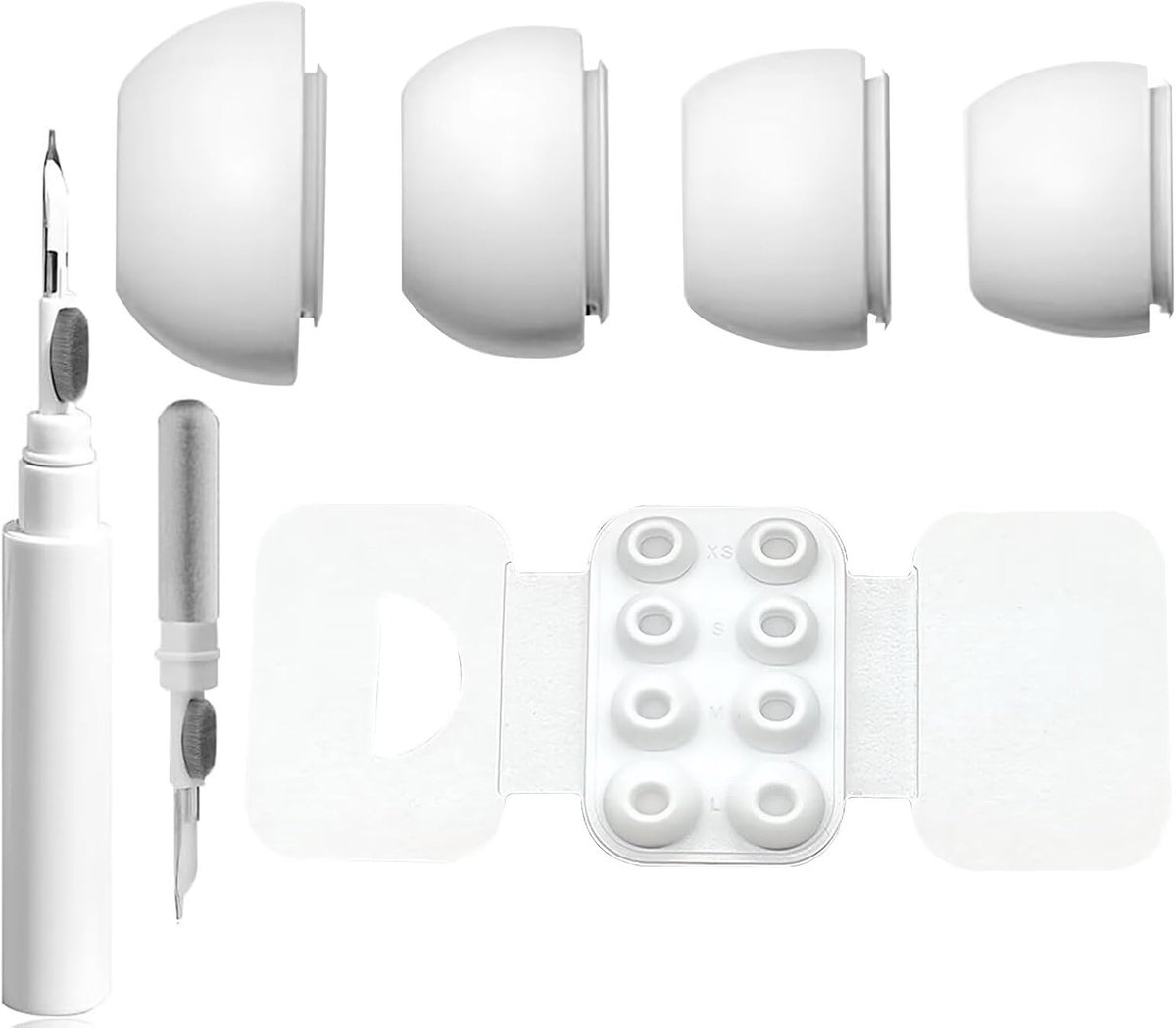4 paar witte siliconen oordopjes voor Airpods Pro en Pro 2 - maten XS S M L + 3-in-1 reinigingspen