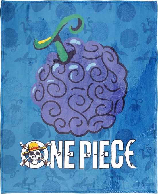 Blauwe deken met een grote paarse Gum Gum Fruit print en One Piece logo.