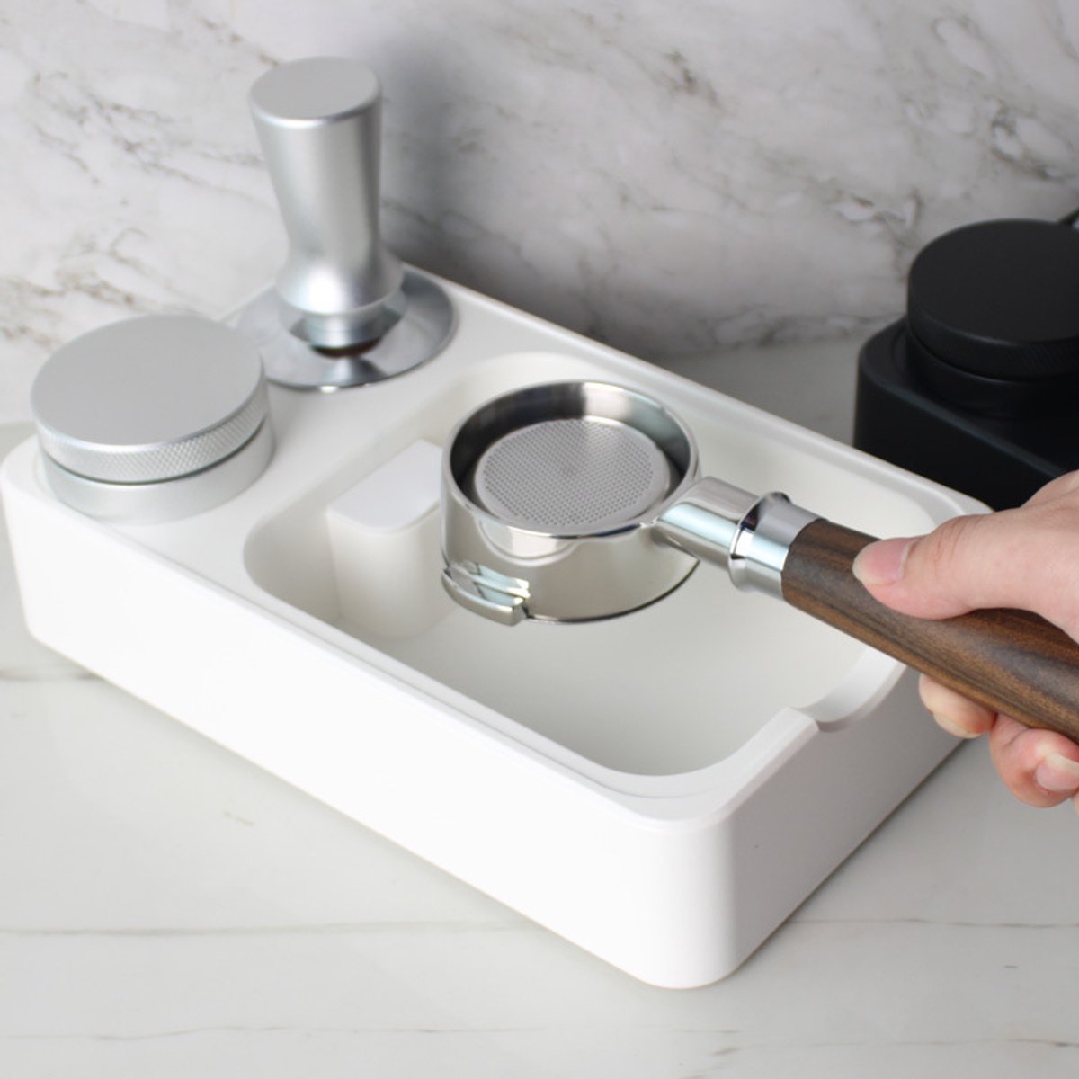 Multifunctionele koffiebewaardoos, tamper en koffiepoederdispenser - wit