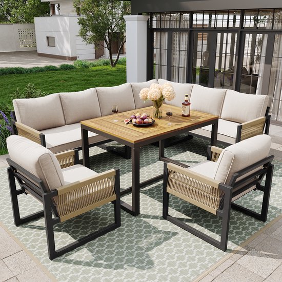 Zubaliya 7-delig Modulaire Tuinset - Loungebank met Kussens - Weerbestendig - Eettafel - Tuinmeubelen voor 7-8 Personen - Grijs
