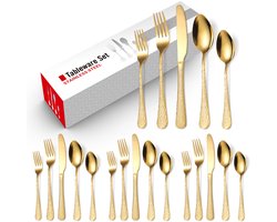 20-delige Roestvrijstalen Bestekset - Gehamerd Zilverdesign Premium Bestekset in Westerse Stijl, Vaatwasmachinebestendig Geschikt Voor 4 Personen, Ideaal Voor Huishoudens, Bruiloften, Restaurants En Hotels - Goud