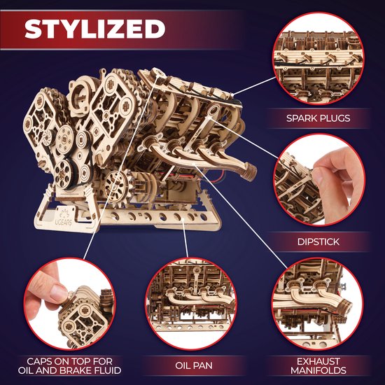 Houten V8 motor model met details zoals bougies, peilstok, oliefilter en uitlaatspruitstukken.
