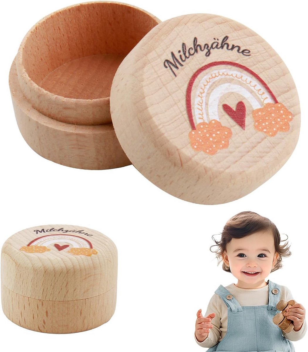 Houten Melktandendoos Regenboog – Bewaardoosje voor Tanden en Eerste Haarlokjes – Cadeau voor Baby en Nieuwe Ouders