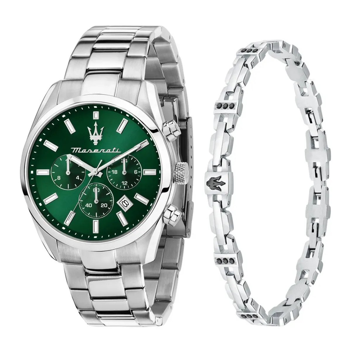 Maserati - Attrazione - R8853151017 - herenhorloge - giftset - + armband - zilverkleurig - groen - 43 MM - Roestvrij staal