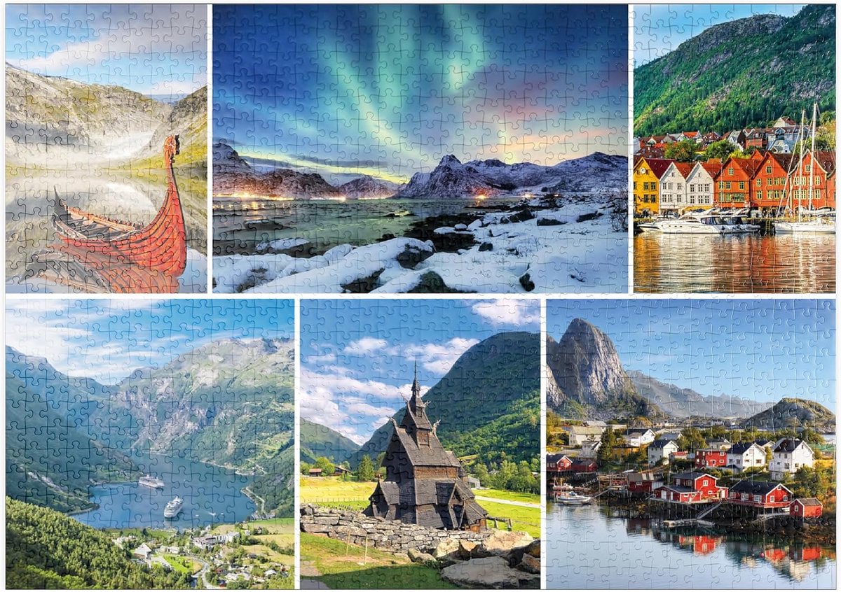 1000 Stukjes Puzzel Noorwegen: Lofoten, Noorderlicht & Geirangerfjord