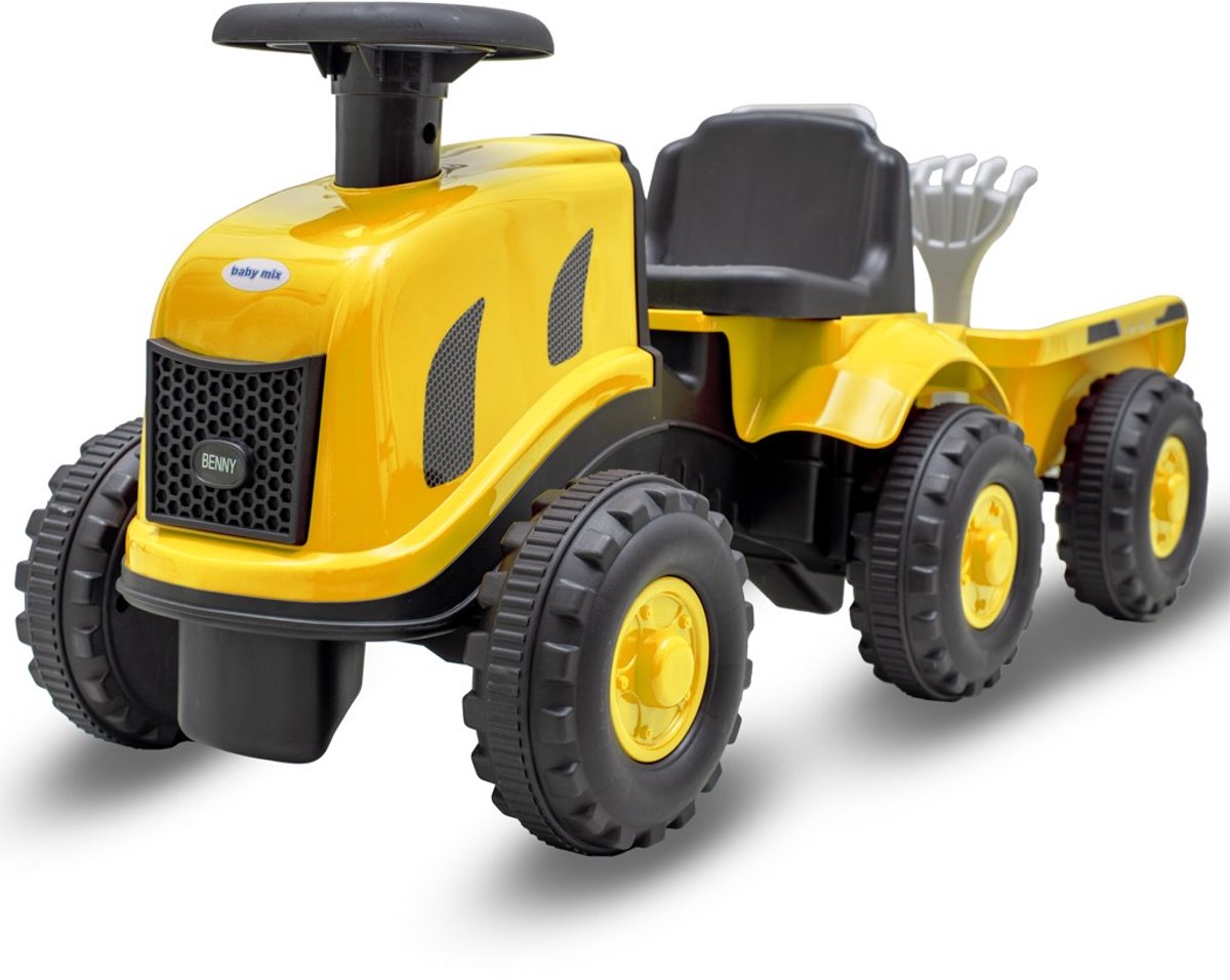 Baby Mix - Speelgoedvoertuig - tractor met aanhanger geel kunststof 89x32x35,5 cm - speelgoed - boeren - voertuig - claxon - antislipwielen - gereedschap